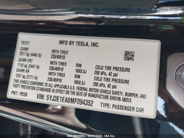 Tesla Model 3 Standard Range Plus Rear-wheel Drive 2021 5YJ3E1EA8MF094352 Image 9