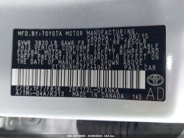 Toyota COROLLA LE 2015 2T1BURHE2FC449647 Image 9