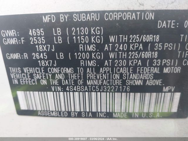 4S4BSATC5J3227176 Subaru Outback 2.5i Touring