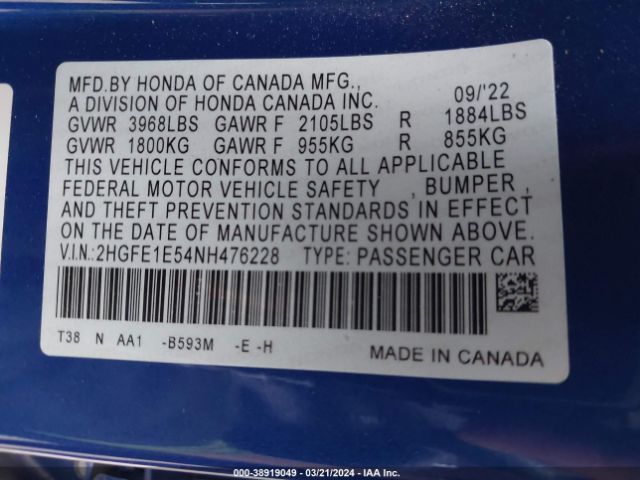 2HGFE1E54NH476228 Honda CIVIC SI SEDAN