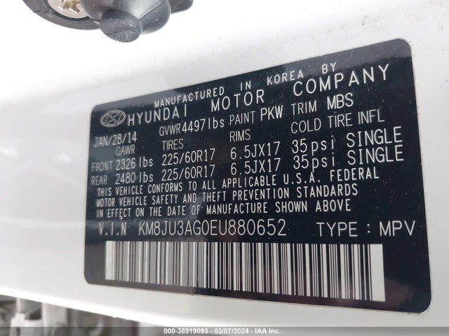 Hyundai TUCSON SE 2014 KM8JU3AG0EU880652 Image 9