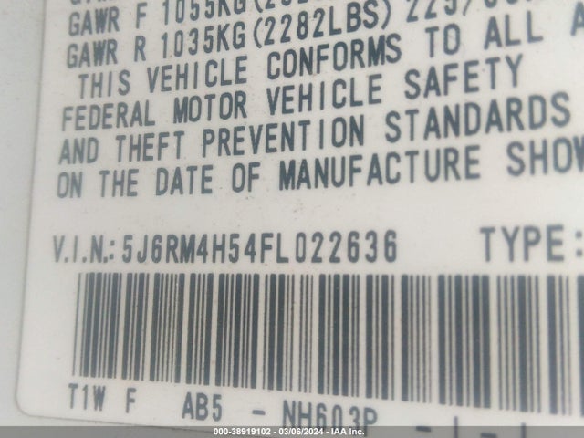 Honda CR-V EX 2015 5J6RM4H54FL022636 Image 9