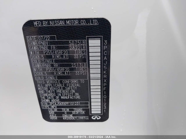 3PCAJ5KRXPF101231 Infiniti Qx55 Essential Awd