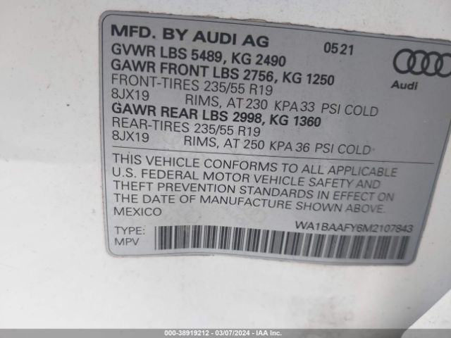 WA1BAAFY6M2107843 Audi Q5 Premium Plus 45 Tfsi Quattro S Tronic