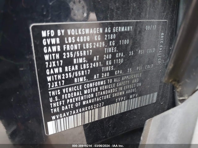 WVGAV7AX6HK052027 Volkswagen Tiguan 2.0t/2.0t S