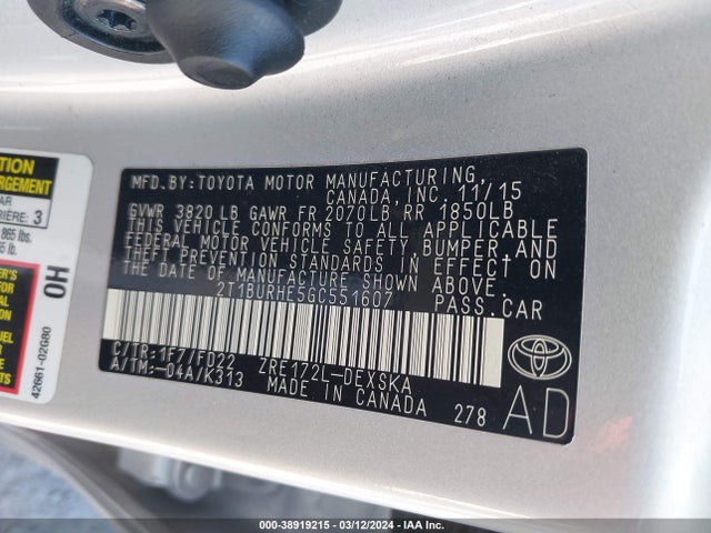 Toyota Corolla S Plus 2016 2T1BURHE5GC551607 Image 9