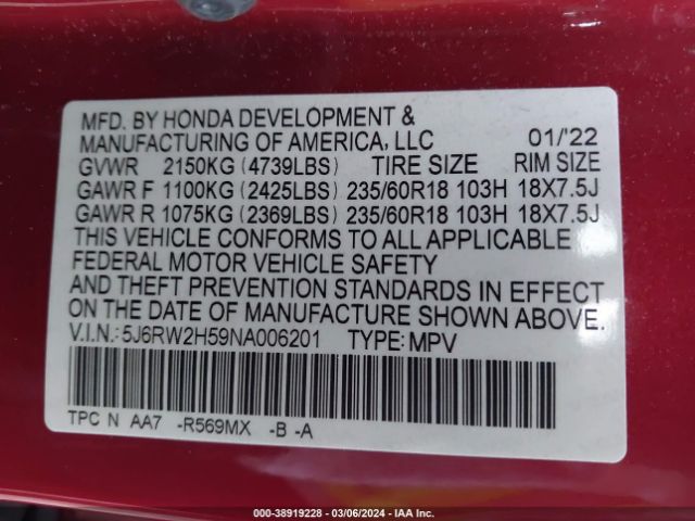 5J6RW2H59NA006201 Honda Cr-v Awd Ex