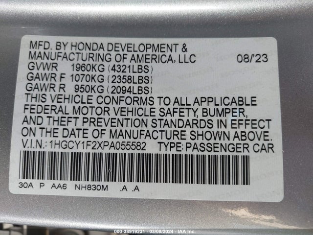 Honda ACCORD LX 2023 1HGCY1F2XPA055582 Image 9