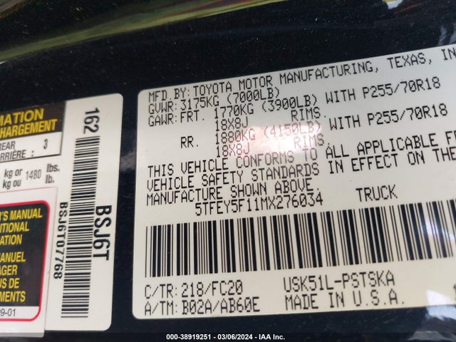 Toyota Tundra Sr5 2021 5TFEY5F11MX276034 Image 9