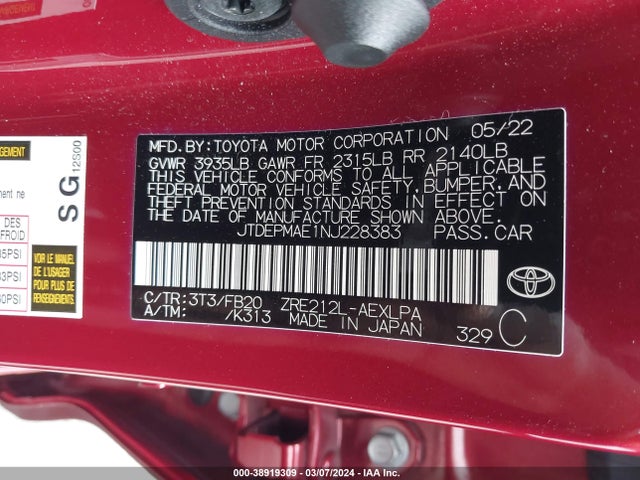 Toyota COROLLA LE 2022 JTDEPMAE1NJ228383 Image 9