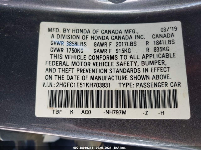 Honda CIVIC SI 2019 2HGFC1E51KH703831 Image 9