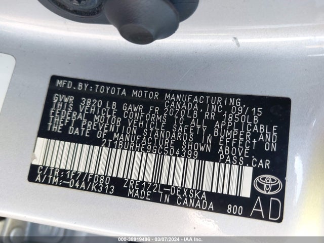 Toyota Corolla S Plus 2016 2T1BURHE9GC504399 Image 9