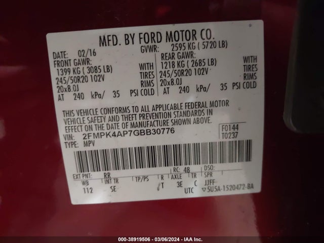 Ford EDGE SPORT 2016 2FMPK4AP7GBB30776 Image 9