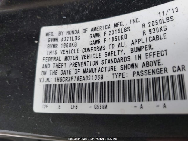 Honda ACCORD EX 2014 1HGCR2F78EA091069 Image 9