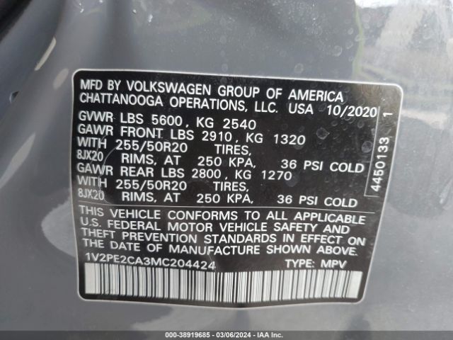 1V2PE2CA3MC204424 Volkswagen Atlas Cross Sport 3.6l V6 Se W/technology R-line