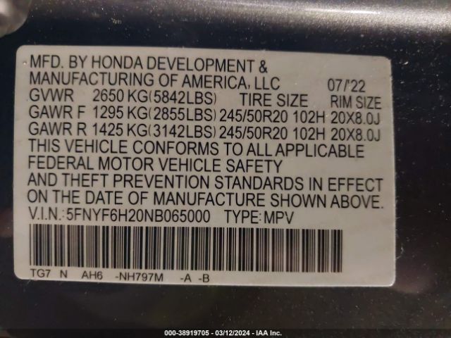 5FNYF6H20NB065000 Honda Pilot Awd Special Edition