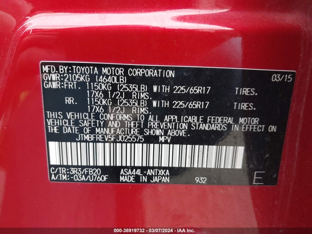 Toyota RAV4 LE 2015 JTMBFREV5FJ025575 Image 9