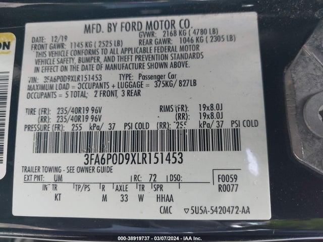 Ford Fusion Titanium 2020 3FA6P0D9XLR151453 Image 9