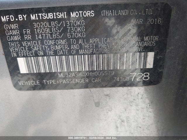 2017 MITSUBISHI MIRAGE ES VIN: ML32A3HJXHH005579