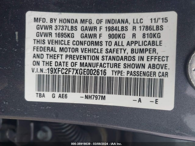 Honda CIVIC EX 2016 19XFC2F7XGE002616 Image 9