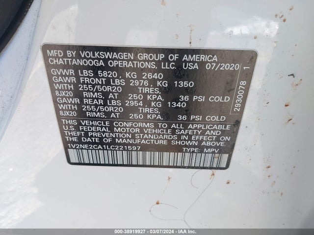 1V2NE2CA1LC221597 Volkswagen Atlas Cross Sport 3.6l V6 Sel Premium