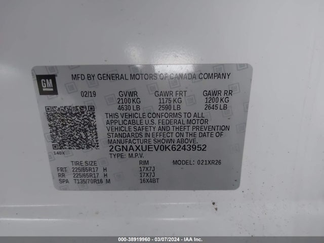 Chevrolet EQUINOX LT 2019 2GNAXUEV0K6243952 Image 9