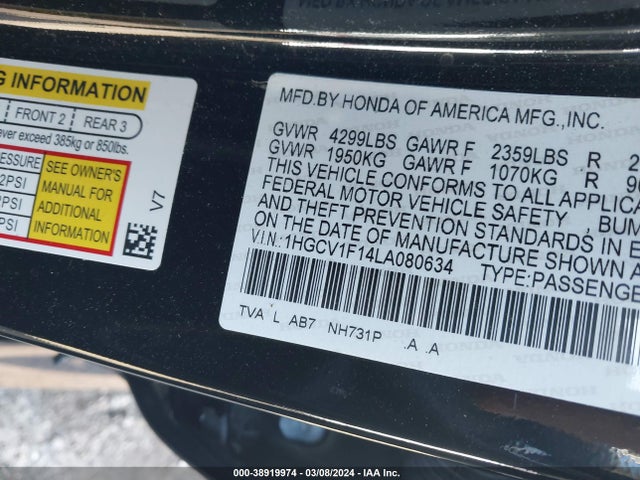Honda ACCORD LX 2020 1HGCV1F14LA080634 Image 9