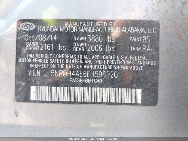 Hyundai ELANTRA SE 2015 5NPDH4AE6FH596920 Image 9