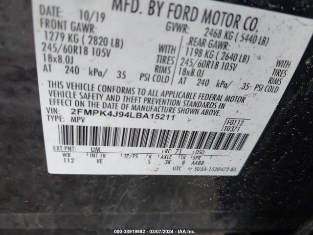 Ford EDGE SEL 2020 2FMPK4J94LBA15211 Image 9