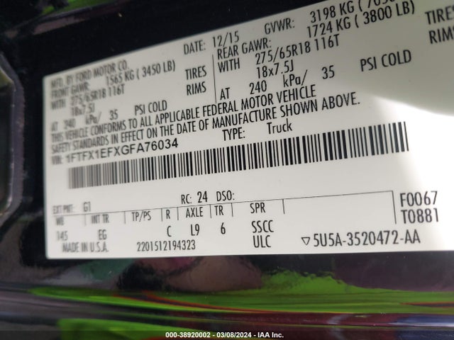 Ford F-150 Lariat 2016 1FTFX1EFXGFA76034 Image 9