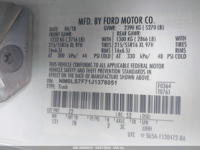 NM0LS7F71J1378051 Ford Transit Connect Xlt