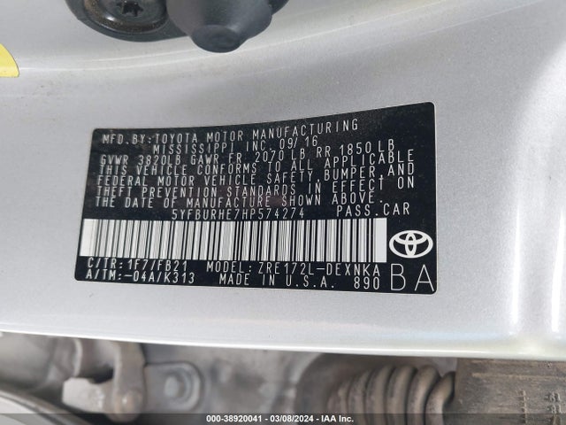 Toyota COROLLA LE 2017 5YFBURHE7HP574274 Image 8