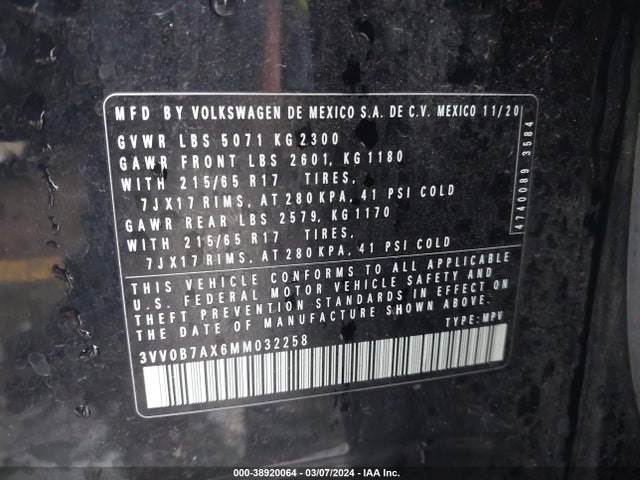 3VV0B7AX6MM032258 Volkswagen Tiguan 2.0t S