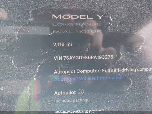 7SAYGDEE6PA193275 Tesla Model Y Awd/long Range Dual Motor All-wheel Drive