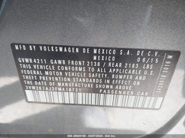 3VW2K7AJ2FM416721 Volkswagen Jetta 2.0l S
