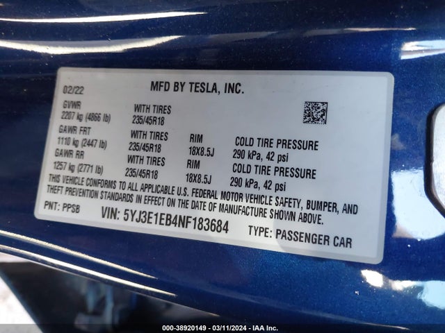 Tesla Model 3 Long Range Dual Motor All-wheel Drive 2022 5YJ3E1EB4NF183684 Image 9