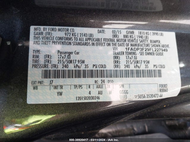 Ford FOCUS SE 2015 1FADP3F29FL227949 Image 9