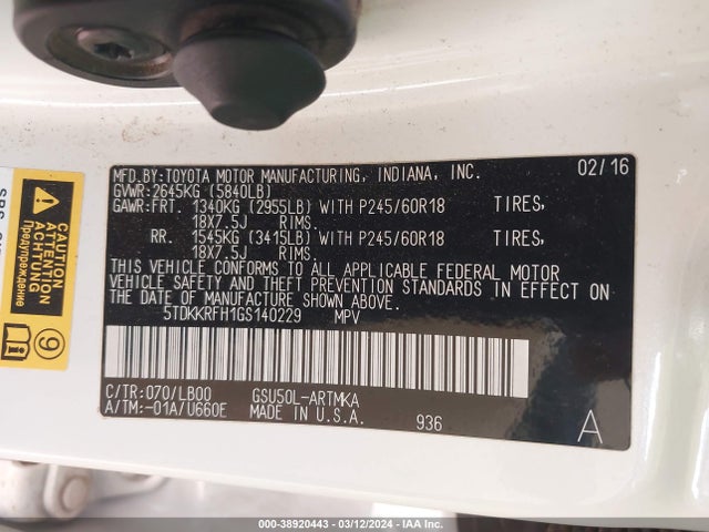 Toyota Highlander Xle V6 2016 5TDKKRFH1GS140229 Image 9