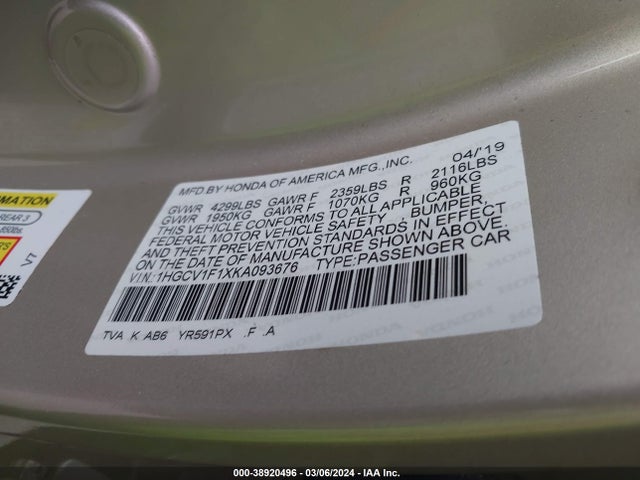 Honda ACCORD LX 2019 1HGCV1F1XKA093676 Image 9