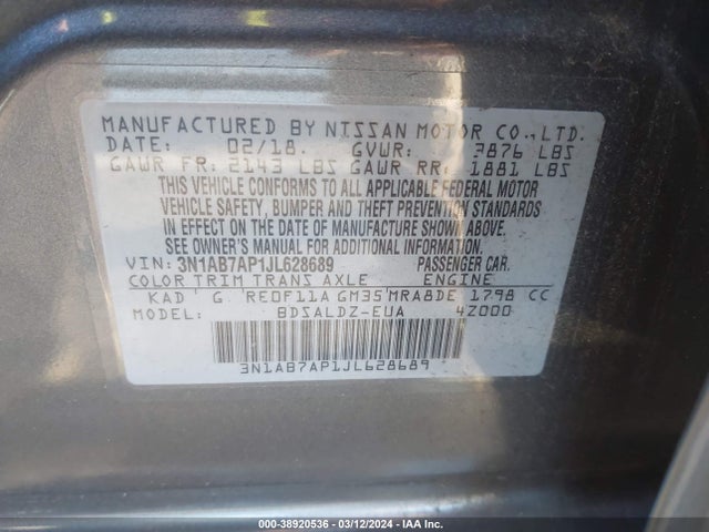 Nissan SENTRA SV 2018 3N1AB7AP1JL628689 Image 9