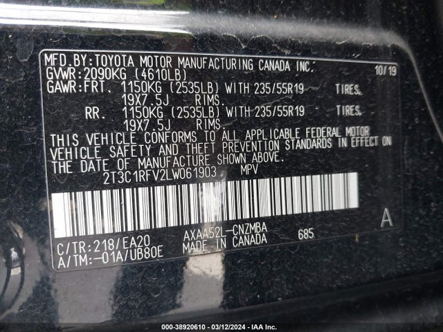 Toyota Rav4 Xle Premium 2020 2T3C1RFV2LW061903 Image 9