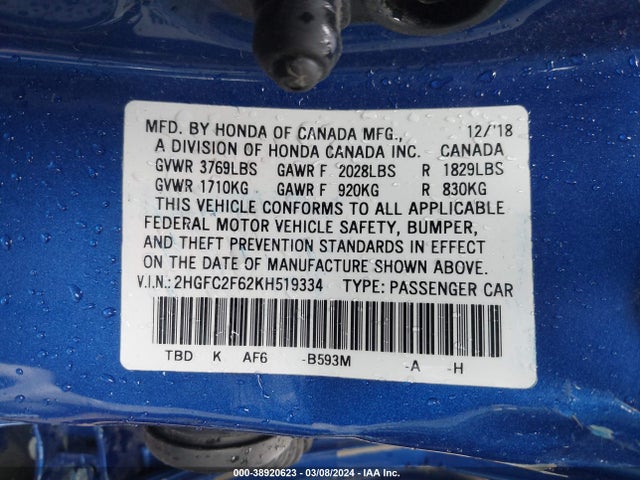 Honda Civic Lx 2019 2HGFC2F62KH519334 Image 9