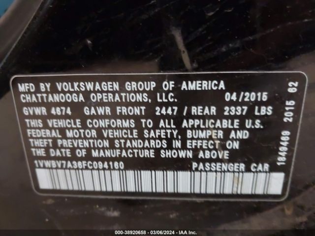 1VWBV7A36FC094160 Volkswagen Passat 2.0l Tdi Se