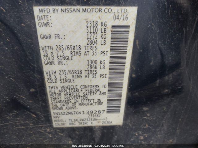 5N1AZ2MG7GN139287 Nissan MURANO SL
