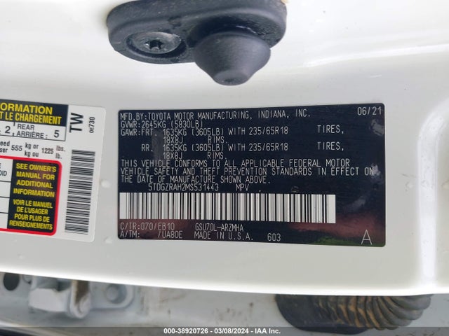 Toyota Highlander Xle 2021 5TDGZRAH2MS531443 Image 9