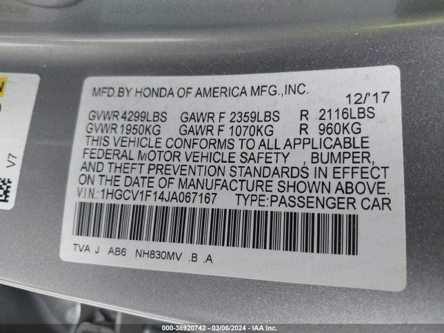 Honda ACCORD LX 2018 1HGCV1F14JA067167 Image 9