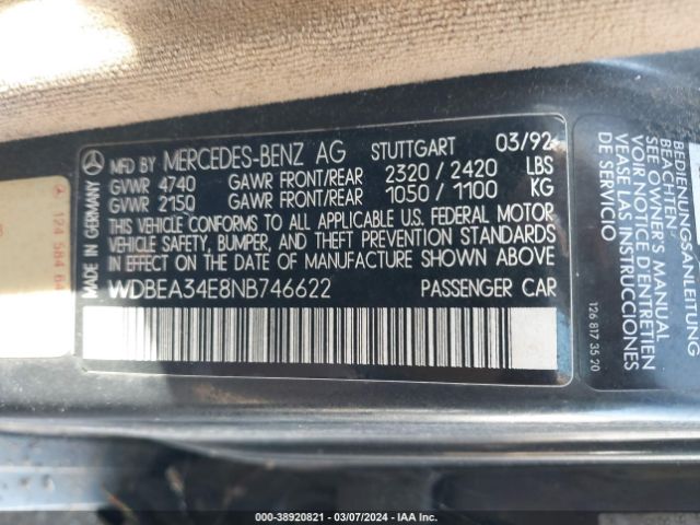 1992 MERCEDES-BENZ 400 WDBEA34E8NB746622 Photo 8