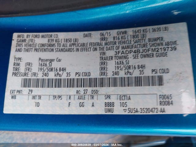 Ford FIESTA SE 2015 3FADP4BJ0FM219739 Image 9