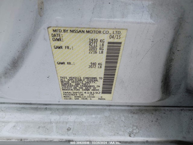 Nissan Altima 2.5 Sv 2015 1N4AL3AP5FC419192 Image 9