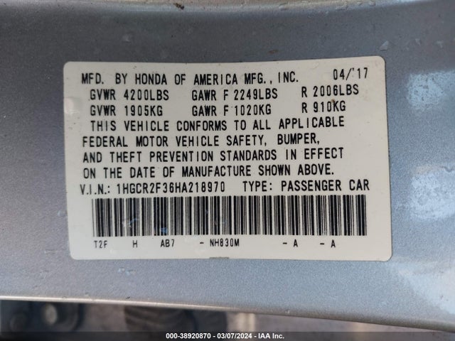 Honda ACCORD LX 2017 1HGCR2F36HA218970 Image 9